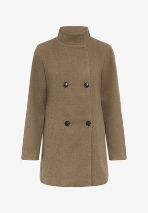 Double-breasted brown coat made of textured fabric, featuring a high collar and two front pockets. Black buttons accent the front.