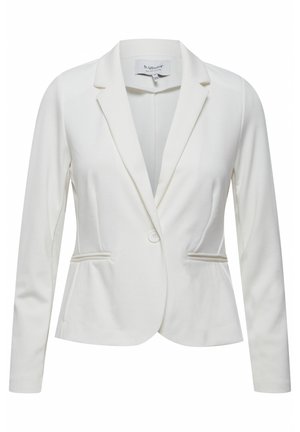 Bílý blazer se přizpůsobeným střihem, s klopami, knoflíkovým zapínáním a dvěma předními kapsami. Hladká textura látky, strukturovaný design.