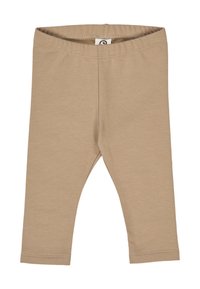 Beżowe legginsy wykonane z miękkiego materiału, z elastycznym pasem i wykończonymi mankietami, o prostym, aerodynamicznym designie.