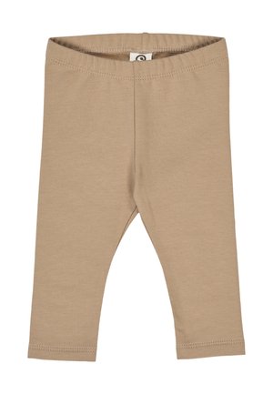 Beige leggings gemaakt van zachte stof, met een elastische tailleband en omgezoomde manchetten, met een eenvoudig, gestroomlijnd ontwerp.