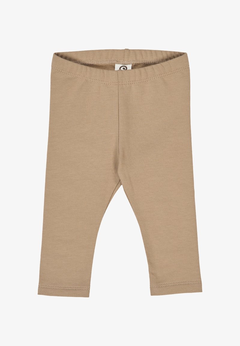 Leggings beige realizzati in morbido tessuto, dotati di una vita elasticizzata e orli rifiniti, con un design semplice e fluido.