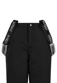 Zwarte sneeuwbroeken met verstelbare zwarte en grijze bretels. Voorzien van een knoopsluiting en voorzakken. Materiaal is soepel en waterafstotend.