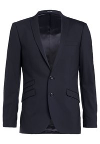 Navy blue blazer with a slim fit, single-button closure, notched lapels, and two front pockets. Smooth texture, single chest pocket.