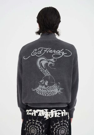 Man in een grijze gebreide trui met een ontwerp van een witte schedel en slang, en "Ed Hardy" tekst, gecombineerd met zwarte broek met spinnenwebpatronen.