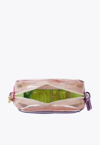 Transparent pink zipper pouch with glitter, featuring a green interior and a visible yellow "OK" design. Includes a purple zipper pull.