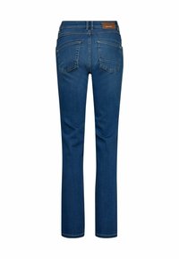 Dark blue jeans with a straight leg cut, featuring two back pockets and a leather brand tag at the waist. Smooth denim texture.