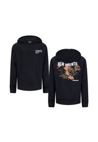 Felpa nera con cappuccio realizzata in un tessuto morbido, con tasca frontale e cappuccio regolabile con cordini. Design grafico con testo e montagna stampato sul retro.