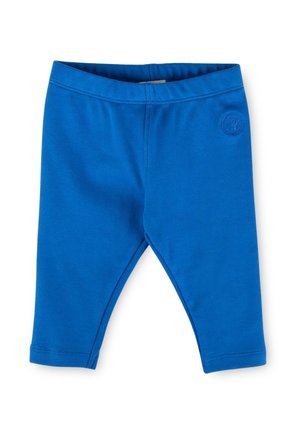 Blaue Baby-Leggings mit elastischem Bund und kleinem rundem Logo am oberen linken Oberschenkel, schlichtes Design, Baumwollstoff.