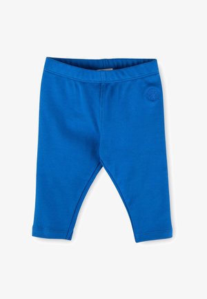 Blaue Baby-Leggings mit elastischem Bund und kleinem rundem Logo am oberen linken Oberschenkel, schlichtes Design, Baumwollstoff.