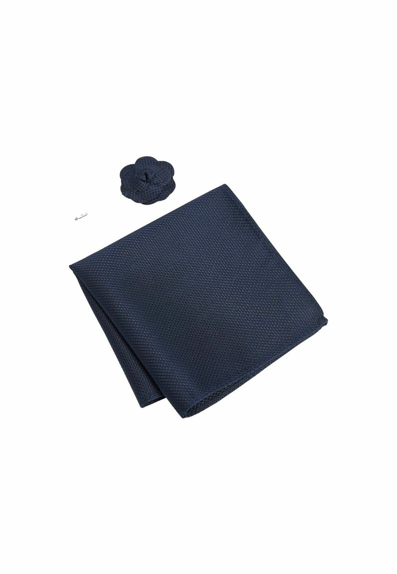 Navy blue textured fabric napkin folded with a flower-shaped clip. Features a diamond pattern and a smooth edge finish.