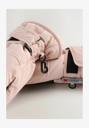 Rosa isolerade handskar med ett kviltat mönster, som har svarta kardborreband, krokar och en etikett som indikerar 3M Thinsulate-isolering.