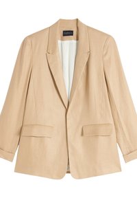 Beige linnen blazer met notch revers, twee voorzakken en lange mouwen, met een gladde binnenvoering. Lichtgewicht, ontspannen pasvorm.