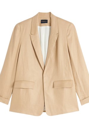 Blazer beige in lino con revers a punta, due tasche frontali e maniche lunghe, dotato di una fodera interna liscia. Leggero, vestibilità rilassata.