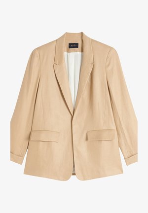 Beiger Leinen-Blazer mit Reverskragen, zwei vorderen Taschen und langen Ärmeln, mit einem glatten Innenfutter. Leichtgewichtig, lockere Passform.