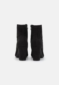 Černé semišové kotníkové boty s kulatou špičkou, blokovými podpatky a zipem na zadní straně. Textura je měkká a matná. Čistý, moderní design.