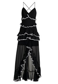 Schwarzes Schichtkleid mit gerüschten Kanten und weißem Besatz, ausgestattet mit dünnen Kreuzträgern und einem fließenden, durchsichtigen Design.