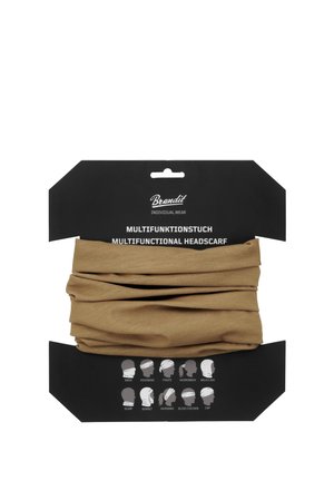 Béžový multifunkčný šál na čiernom obale, ktorý zobrazuje 10 ilustrovaných spôsobov nosenia, vrátane masky, čelenky, piráta, kukly a čiapky.