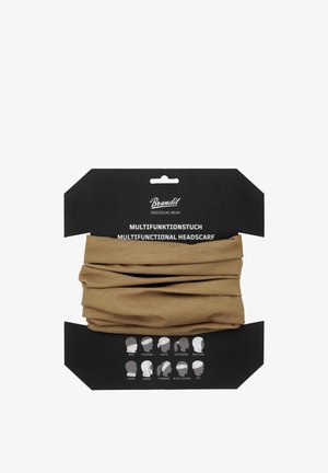 Beige multifunctionele hoofddoek op zwarte verpakking, met 10 geïllustreerde manieren om het te dragen, waaronder masker, hoofdband, piraat, balaclava en pet.