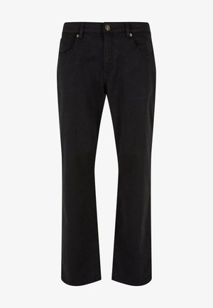Schwarze Baumwollhose mit geradem Bein Design, featuring einen Frontknopf, Reißverschluss und fünf Taschen. Glatte Textur mit minimaler Detailgestaltung.