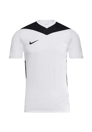 Hvid sportsskjorte med korte ærmer med sort chevron over skuldrene og sort Nike Swoosh-logo på højre bryst.