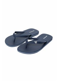 Navy blue flip flops with textured straps and a white accent band. Made of rubber, featuring a flat sole and simple design.
