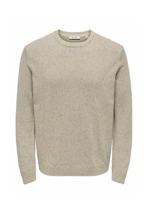 Pull beige col rond avec manches longues et motif tacheté subtil, poignets et ourlet côtelés.