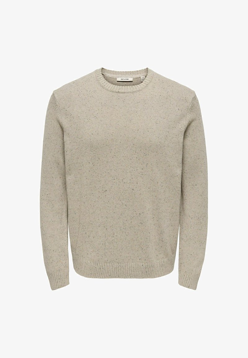 Pull beige col rond avec manches longues et motif tacheté subtil, poignets et ourlet côtelés.