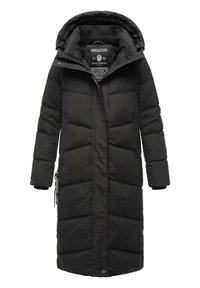 Black long padded coat with a hood, featuring a zip closure, diagonal quilted pattern, side pockets, and elastic cuffs.