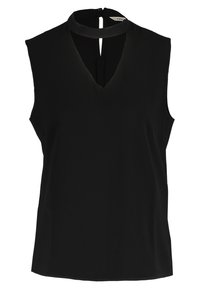 Schwarze ärmellose Bluse mit V-Ausschnitt und Schlitzdetail auf der Rückseite, aus glattem Stoff mit lockerer Passform.