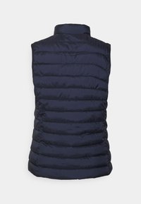 Marineblaues ärmelloses Weste mit einem gesteppten Design und horizontalen Nähten, das eine glatte, glänzende Textur und einen hohen Kragen präsentiert.
