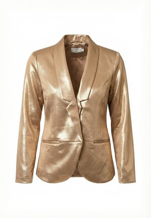 Blazer da donna in oro metallico con maniche lunghe, collo a scialle e tasche a filetto frontali, mostrato su uno sfondo semplice.