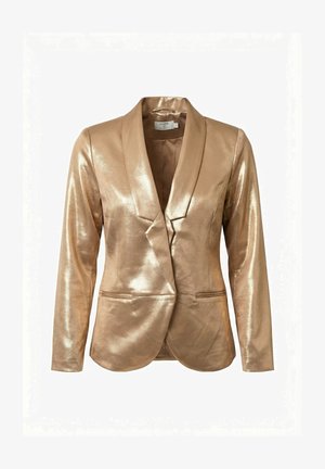 Blazer metálico dorado para mujer con mangas largas, solapa tipo chal y bolsillos delanteros de ojal, exhibido sobre un fondo liso.