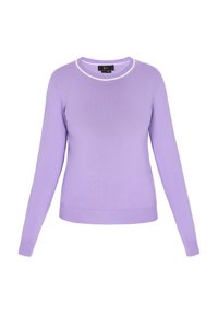 Lila Pullover mit langen Ärmeln, Rundhalsausschnitt und weißem Besatz am Kragen. Weiches Strickmaterial mit figurbetonter Passform und geripptem Saum.