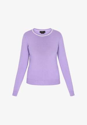 Lilla südamega kampsun, millel on pikad varrukad, ümar kaelus ja valge äär kaeluses. Pehme kudum materjal, mis on keha ümber sobiv ja ribaga serv.