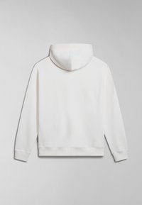 Sudadera blanca con una capucha grande y redondeada, mangas largas, puños y dobladillo acanalados. Textura suave, diseño minimalista, sin logotipos ni patrones visibles.