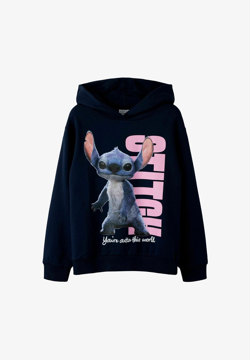 Granatowa bluza z kapturem z grafiką postaci o dużych uszach i oczach; tekst "STITCH" i "You're outta this world" w kolorze różowym.
