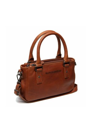 Braune Leder-Handtasche mit doppelten Obergriffen, Reißverschluss, abnehmbarem Schultergurt und Markenakzenten auf der Vorderseite. Kompakte rechteckige Form.