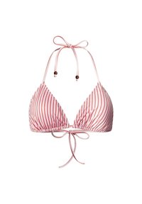 Top bikini a triangolo rosa chiaro con strisce verticali rosse. Presenta legature regolabili al collo e alla schiena, con perline decorative sulle cinghie.