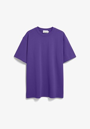 T-shirt violet uni à manches courtes avec col rond, présenté à plat sur un fond blanc.