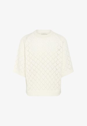 Witte, korte mouwen gebreide top met een ruitpatroon, ronde hals en ribgebreide zoom. Gemaakt van lichtgewicht, gestructureerd materiaal.