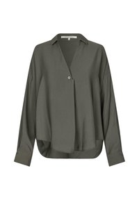 Blusa verde oliva a maniche lunghe con scollo a V, bottone frontale singolo e orlo leggermente curvo. Realizzata in tessuto morbido e liscio.