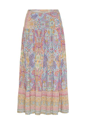 Maxi nederdel med blomsterprint i nuancer af blå, pink, orange og gul. Designet med elastisk talje og lagdelt kant.