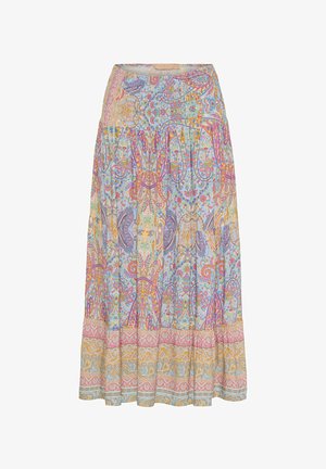 Maxi nederdel med blomsterprint i nuancer af blå, pink, orange og gul. Designet med elastisk talje og lagdelt kant.
