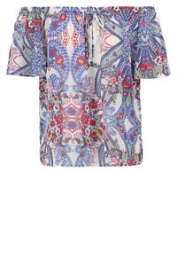 Blusa fuori spalla in tessuto leggero, caratterizzata da un motivo floreale colorato con tonalità di blu, rosso e verde; scollatura elastica e maniche corte.