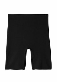Svarta högmidjade shorts i mjukt, stretchigt material, med klipp vid mitten av låret och en öppning vid grenområdet.