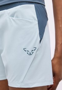 Κοντινή λήψη ανοιχτό μπλε αθλητικών σορτς με σκούρο μπλε μέση και πλευρικό πάνελ, με μικρό γεωμετρικό λογότυπο ζώου στο μηρό.