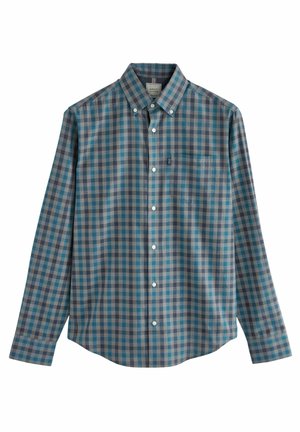 Blau- und türkis kariertes Hemd, lange Ärmel, Button-Down-Kragen, Fronttasche, Baumwollmischgewebe mit subtiler Textur.