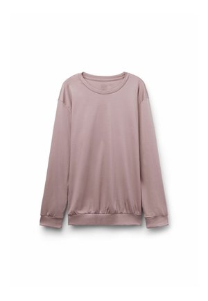 Ljusrosa långärmad sweatshirts i mjukt tyg med rundad halslinning och elastisk nederkant och ärmslut. Slät yta, minimalistisk design.