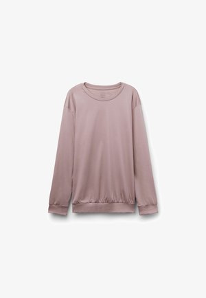 Ljusrosa långärmad sweatshirts i mjukt tyg med rundad halslinning och elastisk nederkant och ärmslut. Slät yta, minimalistisk design.