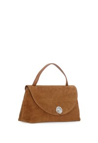Borsa in suede marrone con una forma strutturata, design pieghevole e una chiusura circolare in argento. Presenta un manico in pelle per il trasporto.